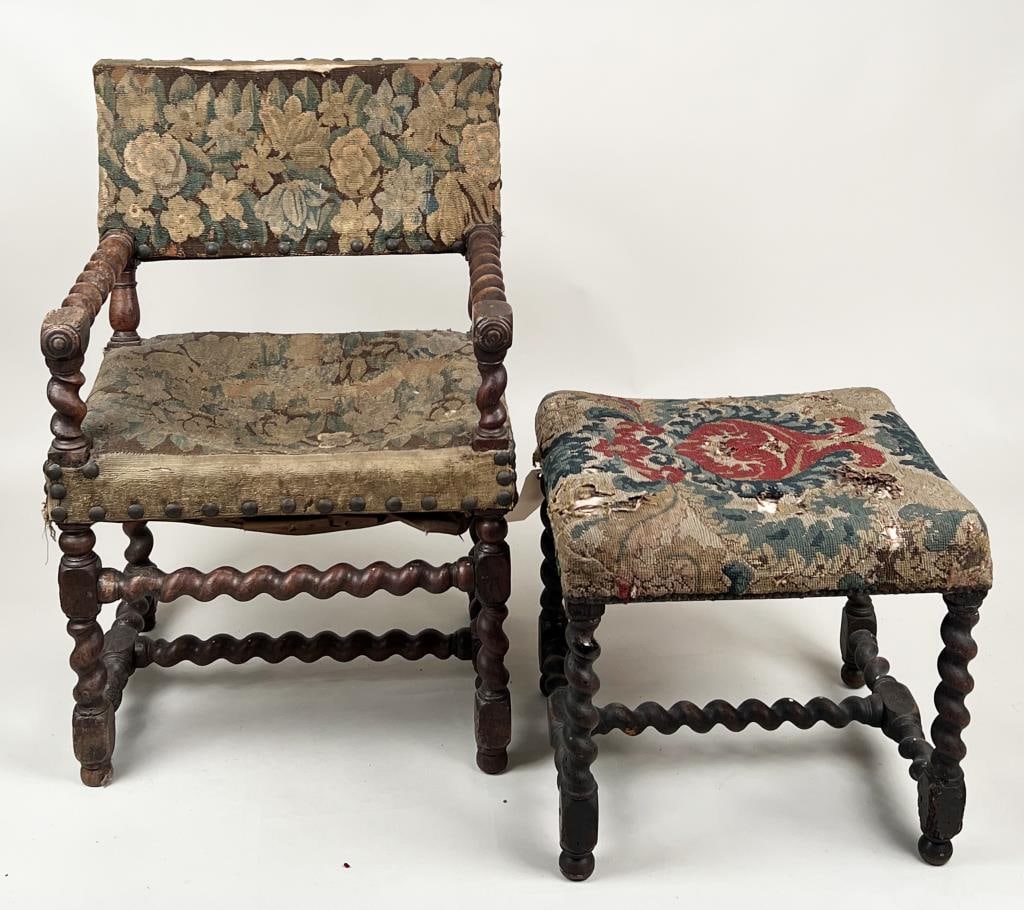 English Jacobean Carved Oak Arm Chair & Ottoman (1 of 11)