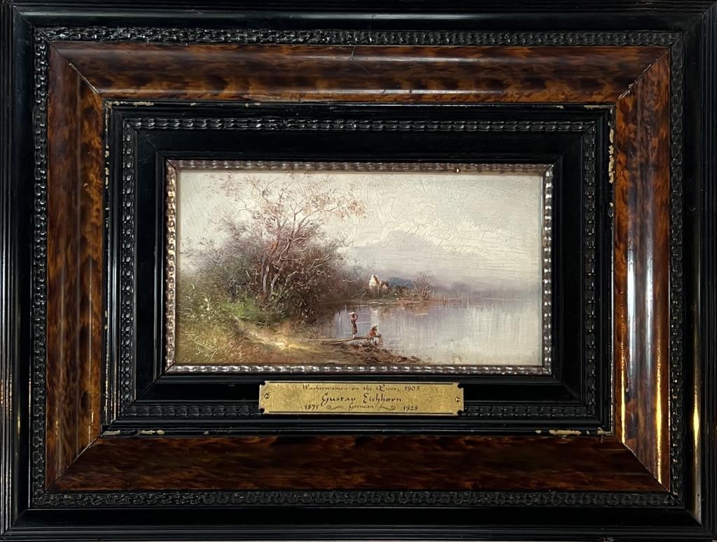 Eichorn, O/B "Washerwomen On The River" 1903: Gustav Eichorn (Ger. 1875-1928) signed and dated 1908 lower left. Frame size: 12 1/8" high, 16" wide. Frame wear.
