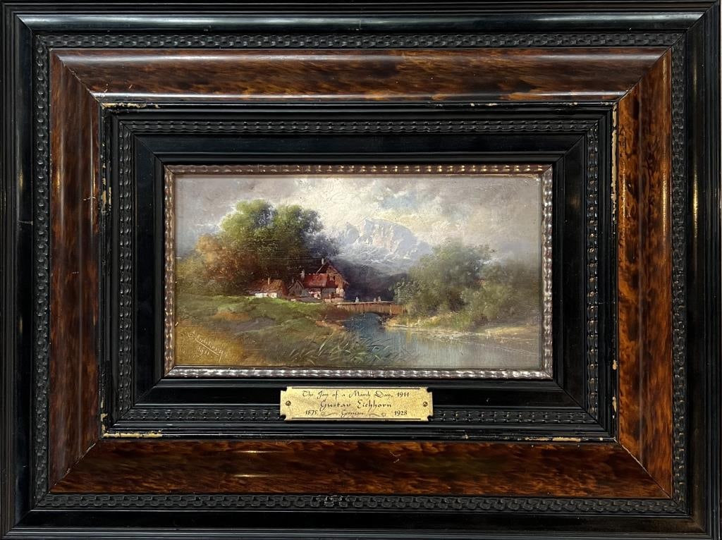 Eichorn, O/B "Joy Of A March Day" 1911: Gustav Eichorn (Ger. 1875-1928) signed and dated 1911 lower left. Frame size: 12 1/4" high, 16 1/8" wide.