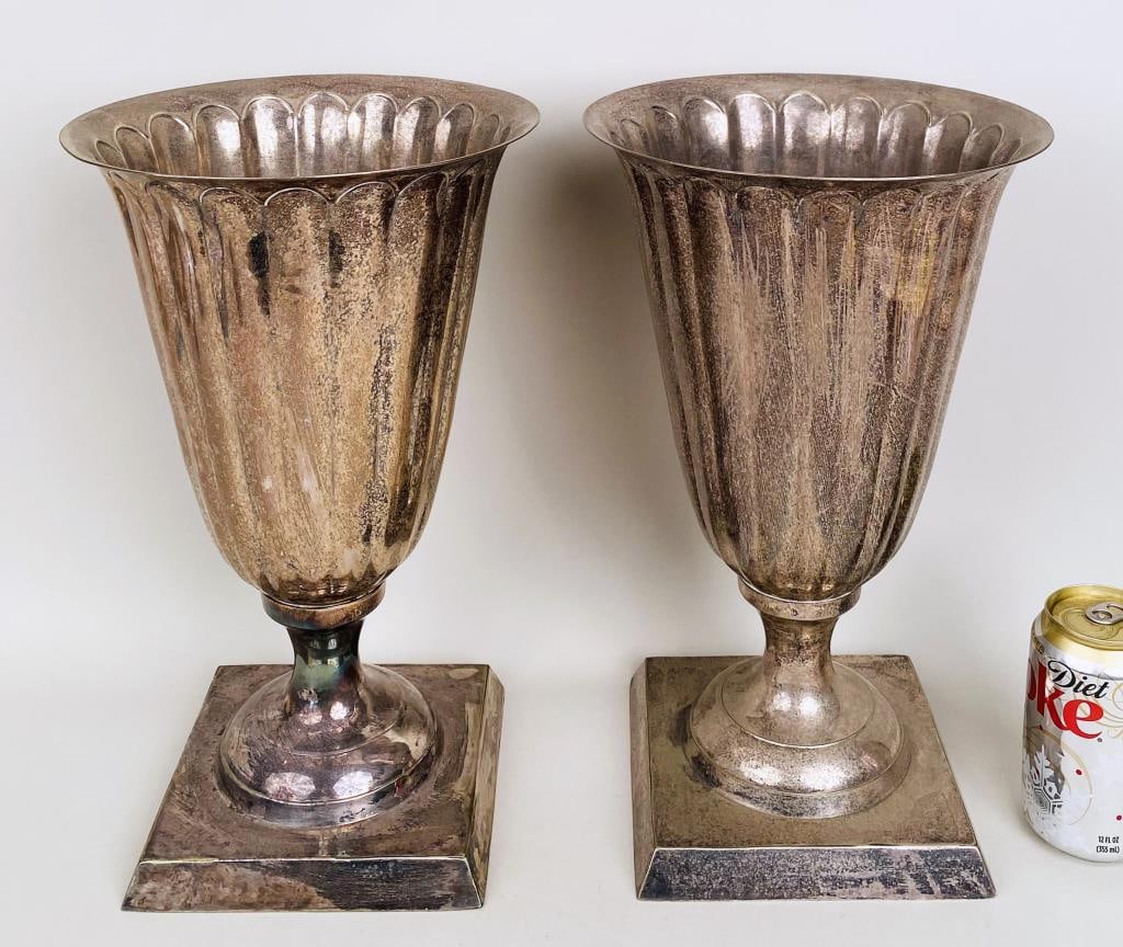 Pair Art Deco Fluted S/P Urns: signed SP Collection. 14 1/2" high, 6 7/8" wide, 6 7/8" deep. Light oxidation.