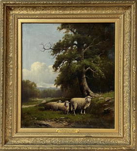 Davidson, O/C Pastoral Landscape With Sheep: Charles Grant Davidson (Am. 1866-1945) signed and dated 1895 lower right. Frame size: 19 3/4" high, 18" wide. Frame rub, scuffs, soiling, frame wear.