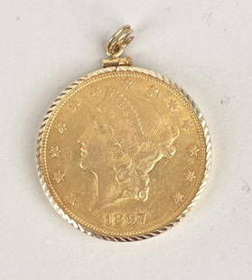 1897 $20 Gold Piece Pendant: Weight: 23.1 DWT. 1 5/8" diameter. *No credit card payments will be accepted for silver, gold, or jewelry from buyers that have not purchased from our gallery in the past.