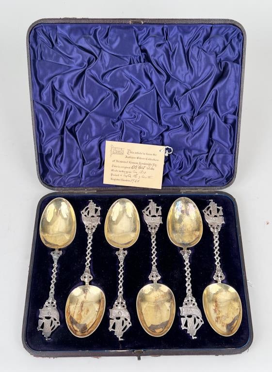 Cased Set Dutch Silver Spoons, Gilt Washed Bowls (1 of 7)