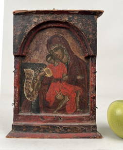 Icon, Kykkotissa Virgin & Christ Child: in the Byzantine style, pigments on wood panel, lacking side elements. 9 5/8" high, 7 1/2" wide, 1 1/8" deep. Age and use wear, losses. Exhibition loan sticker verso "Italian Byzantian - Lent by W.C.