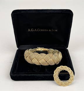 A.G.A. Correa & Son 18K Gold Bracelet & Pin: in nautical rope braid design. Pin 1 1/4" diameter; bracelet approximately 7" circumference. Total weight: 61.1 DWT. *No credit card payments will be accepted for silver, gold, or jewelry from buyers