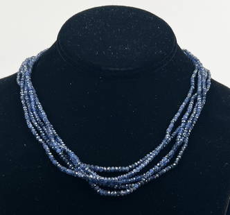 Grant A. Peacock NY Five Strand Sapphire Necklace: each strand of slightly graduated faceted sapphire beads ranging in size 2-4mm of fine cornflower blue color with bar clasp set with six tiny diamonds, marked 14k together with approximately 60 additi