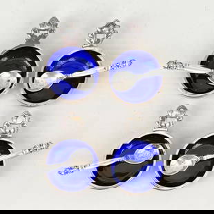 Group Four Georg Jensen Sterling Salts & Spoons: with cobalt blue enamel interiors; acorn pattern. 1/2" high, 2 3/8" wide, 1 5/8" deep. Gross weight: 3.565 OZT. Oxidation. *No credit card payments will be accepted for silver, gold, or jewelry from b