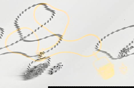 Diana Kim England 18K Gold Nantucket Basket: on chain with carved and painted floral top; together with diamond and sapphire 14k heart pendant. Chain: 17" long; basket: 1 3/8" high including handle, 1" wide. Gross weight: 10.9 DWT.