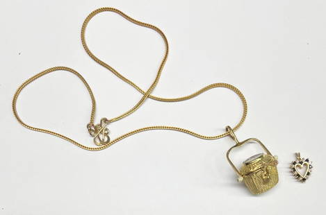 Diana Kim England 18K Gold Nantucket Basket: on chain with carved and painted floral top; together with diamond and sapphire 14k heart pendant. Chain: 17" long; basket: 1 3/8" high including handle, 1" wide. Gross weight: 10.9 DWT.