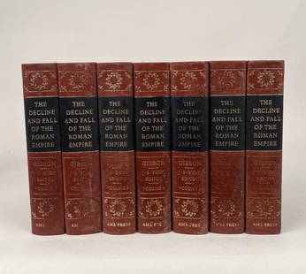 Gibbon, The Decline & Fall Of The Roman Empire: 7 volumes, 1974 AMS reprint of the 1909 edition. 8 3/4" high, 6" wide. Leather and gilt spines with soiling, estate condition.