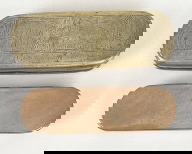 Two Dutch Brass Tobacco Boxes: the larger with inscriptions and engraved courting scenes. Larger: 1 1/2" high, 6 1/2" wide, 2 1/4" deep.