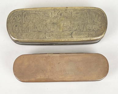 Two Dutch Brass Tobacco Boxes: the larger with inscriptions and engraved courting scenes. Larger: 1 1/2" high, 6 1/2" wide, 2 1/4" deep.