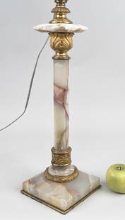 Neoclassical Onyx & Ormolu Columnar Lamp: with fine gilt bronze mounts on a square base. 22 1/2" high, 6 1/4" wide, 6 1/4" deep.