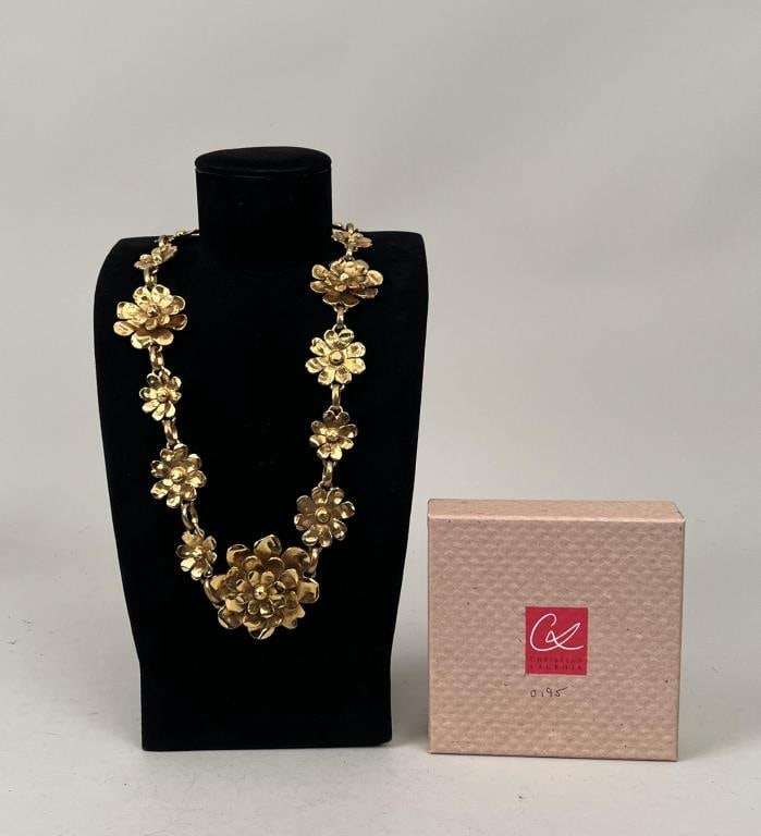 Christian Lacroix Gold Tone Flower Necklace: 30 3/4" long, center 2 1/4" diameter. *No credit card payments will be accepted for silver, gold, or jewelry from buyers that have not purchased from our gallery in the past.