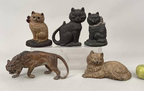 Group Five Cat Theme Doorstops: Largest: 6" high, 12" wide, 4" deep. Loss to painted surfaces, wear.