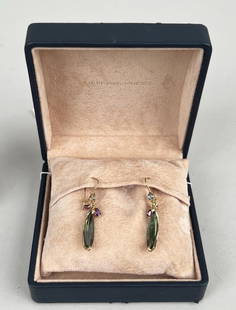 Pair Jane Taylor Tourmaline Earrings: mounted in gold; in Brinsmaid's box, peridot, other semi-precious stones. Retail price was $1800.1 1/2" long. Gross weight: 3.3 DWT.