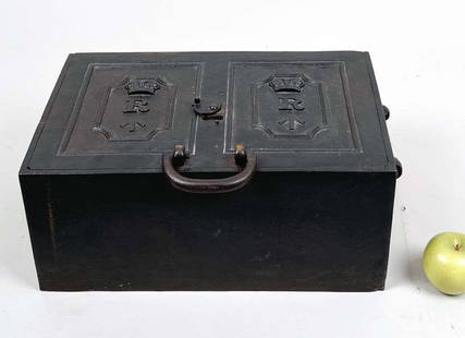 Cast Iron Military Revenue Paymasters Chest: Georgian period, 18th century, lid with arrow and "R" with key in working condition. 8" high, 20" wide, 12" deep. Oxidation.