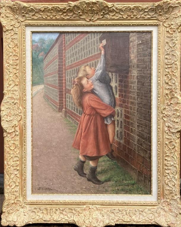 Schlomka, O/C Peasant Children: Alfred Schlomka (Hungary, 19/20th Century) signed lower left. Alexander Kahan label verso. Frame size: 37 3/4" high, 30 3/4" wide. Small hole upper right.