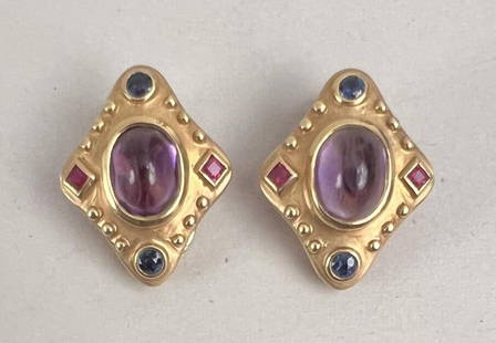 Pair 18K Gold, Amethyst, Ruby & Sapphire Earrings: in Byzantine design; retractable post for use as regular or clip earrings. 1" high, 1/2" wide. Gross weight: 9.1 DWT. *No credit card payments will be accepted for silver, gold, or jewelry from buyers