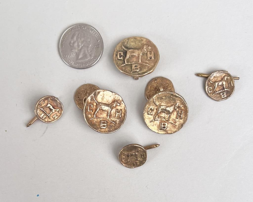 14K Gold Dress Set: one mounted as single clip earring by Jane Harrah, disks with a dog and initials "CHB" including cufflinks, three shirt studs and clasp en suite, marked 14k. Largest: 7/8" diameter. 26.9 DWT. *No cred