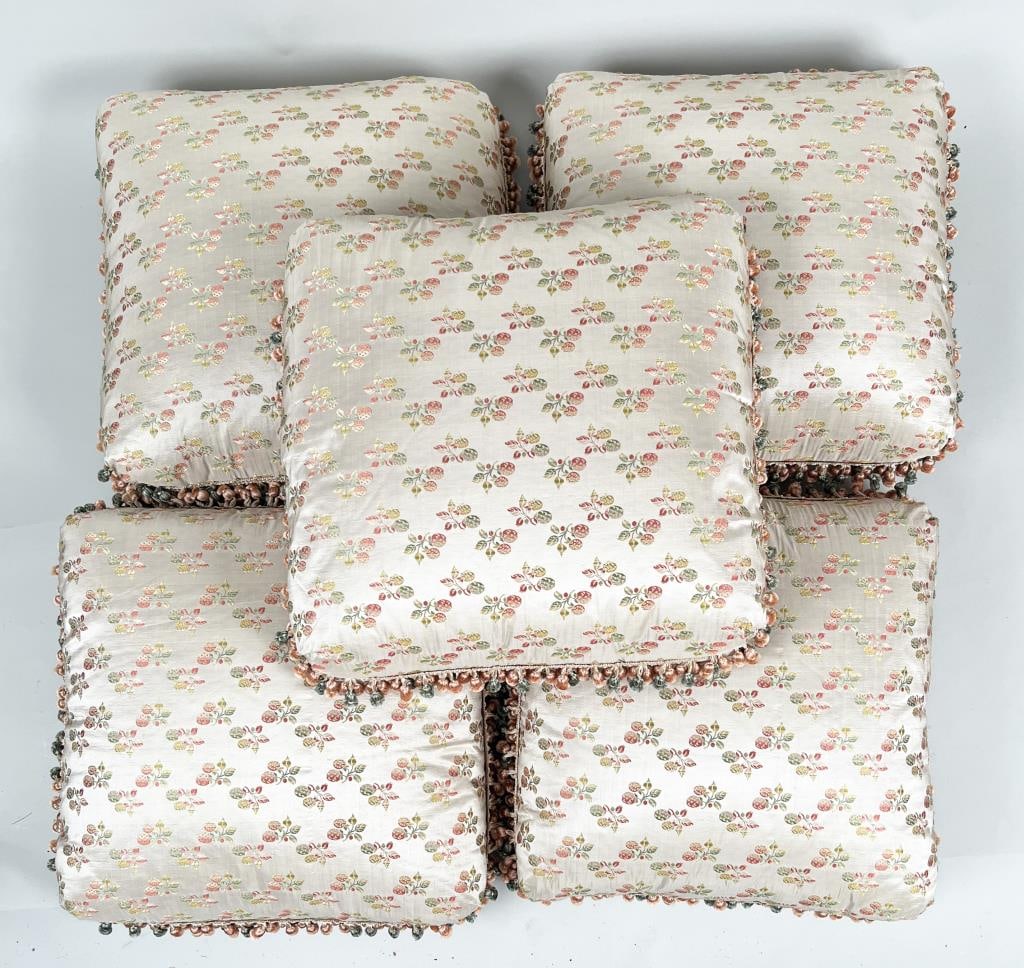 Group Five Matching Silk/Tasseled Pillows: with wild strawberry or raspberry design. 19" high, 19" wide. Light use wear.