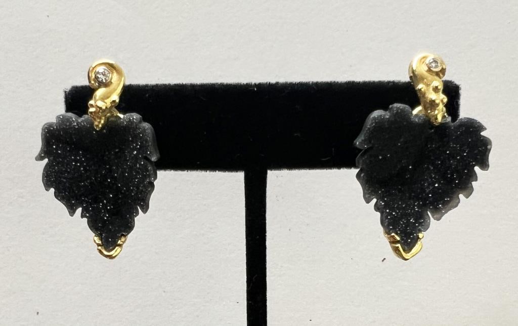 Pair Obsidian & Diamond Leaf Form Ear Pendants (1 of 6)