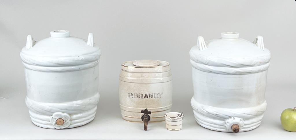 Pair Glazed Stoneware Kegs & Single Brandy Keg (1 of 3)