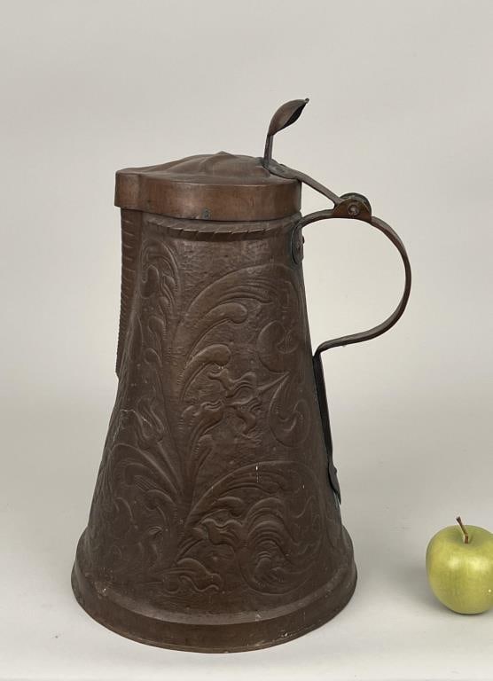 Large Continental Embossed Copper Flagon/Pitcher (1 of 8)