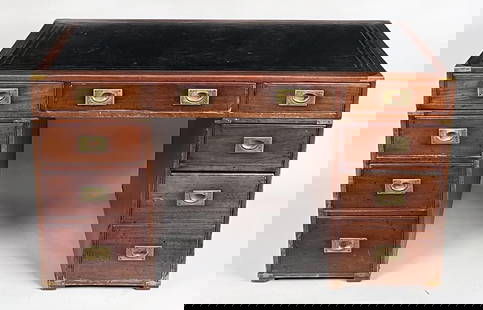 Antique English Brass Bound Campaign Desk: in "partner's desk" form, mahogany with one drawer top section set on two platforms with drawers and open cubby spaces. 29 1/2" high, 52" wide, 26 3/4" deep. Abrasions and wear to surface.