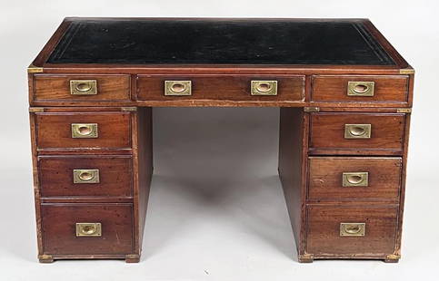 Antique English Brass Bound Campaign Desk: in "partner's desk" form, mahogany with one drawer top section set on two platforms with drawers and open cubby spaces. 29 1/2" high, 52" wide, 26 3/4" deep. Abrasions and wear to surface.