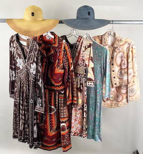 Group Vintage Emilio Pucci Clothes & Accessories: comprising two wide brim hats, and dresses as shown; one velvet. Estate found condition with light wear.