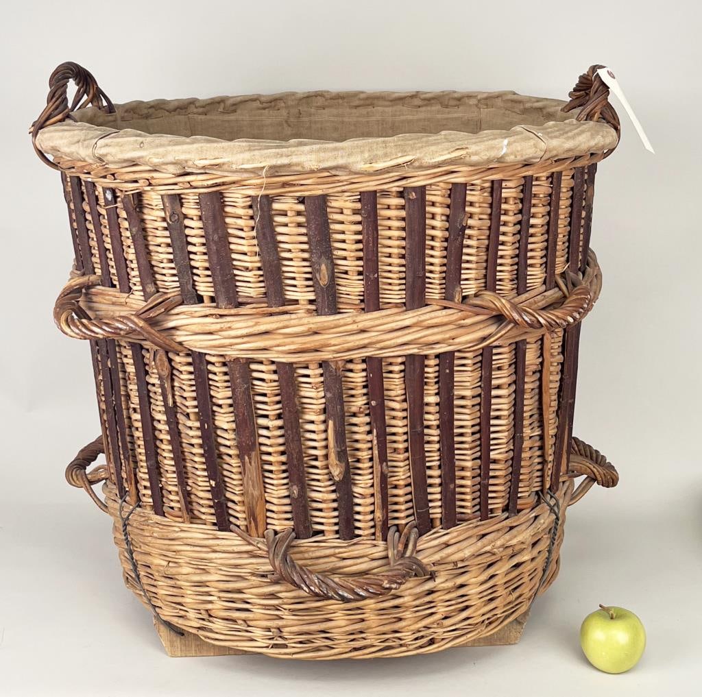 Monumental Wine/Champagne Grape Basket: with split birch and fabric liner. 28 1/2" high, 30" diameter. Light wear and soiling.