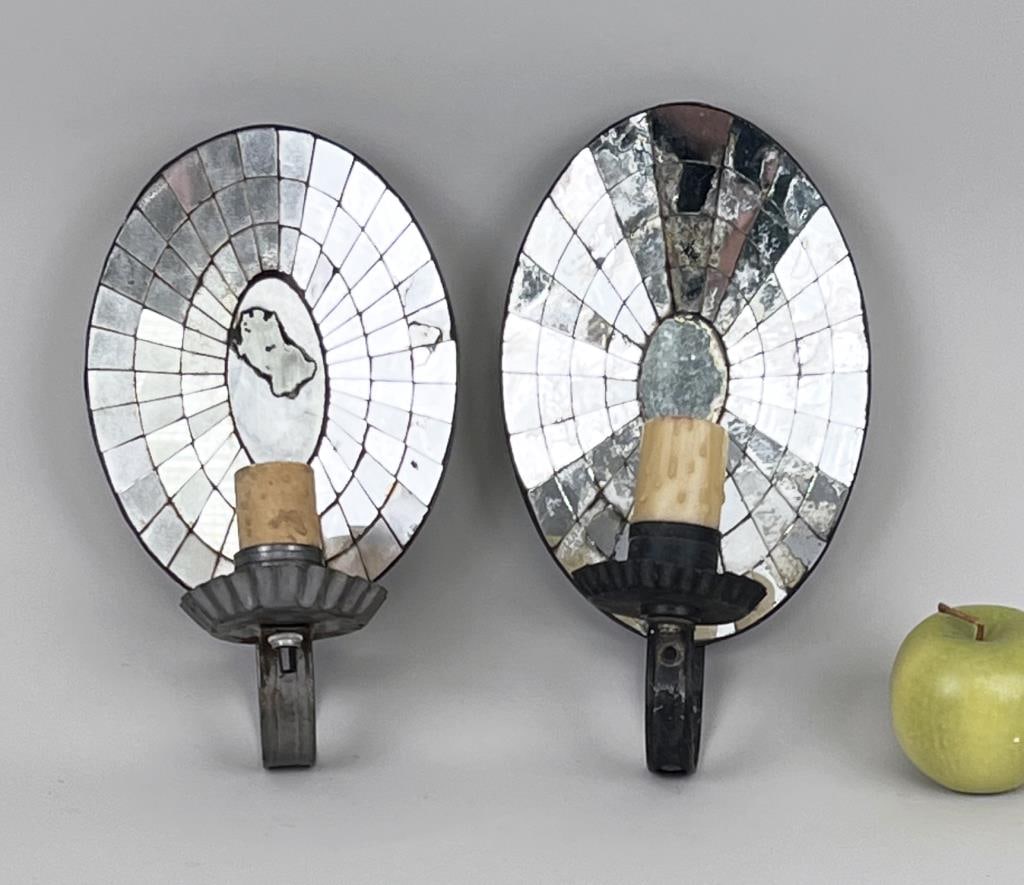 Pair Antique Toleware Oval Mirrored Sconces (1 of 4)