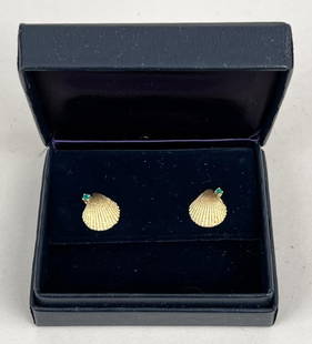 Tiffany & Co 14K Gold Shell Shaped Earrings: with green stones, possibly emerald, in Tiffany box. 5/8" high, 7/16" wide. Gross weight: 1.4 DWT. *No credit card payments will be accepted for silver, gold, or jewelry from buyers that have not purc