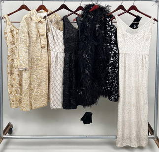 Group Vintage Ladies' Evening Dresses: comprising beaded, crystal encrusted and sequin dresses, a beaded blazer and one velvet fur trimmed coat. Estate found condition, wear, longest dress with staining, other stains.