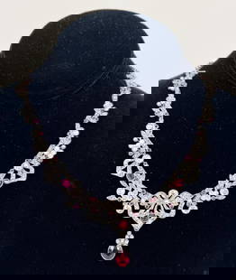 Platinum Diamond, Ruby & Pearl Necklace: together with ruby, diamond and gold removable pendant. Attributed to Frank Walter Lawrence. Neckpiece center bow with pave set diamonds and round diamond measuring approximately .31 pts, cushion-cut