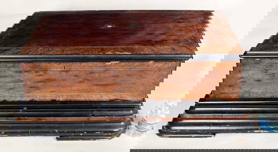 Large Inlaid Swiss Music Box: in case with inlay of brass and mother-of-pearl on hinged lid and including four music cylinders in drawer, possibly Mermod. 11 3/4" high, 33 1/2" wide, 17 1/4" deep. Scratches, veneer losses.