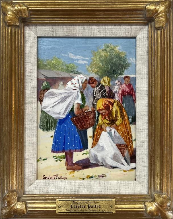 Pallya, O/B Hungarian Market Scene: Carolus Pallya (Hungarian 1875-1930) signed lower left. Frame size: 10 5/8" high, 8 1/4" wide.