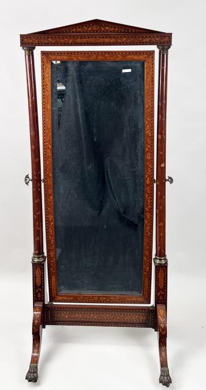 French Marquetry Inlaid Mahogany Cheval Mirror (1 of 9)