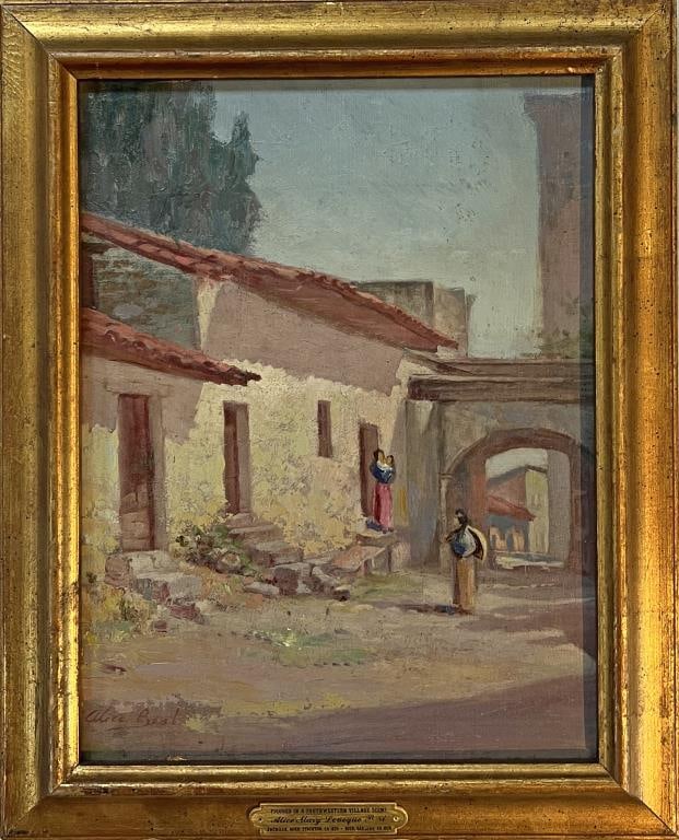 Leveque, O/B Southwestern Village Scene: Alice Mary Leveque (Am. 1870-1926) signed lower left. Frame size: 18 3/4" high, 15 1/4" wide. Frame wear.