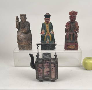 Three Carved Wood Chinese Elder Figures: together with Chinese teapot. Largest: 9" high, 3 3/8" wide, 2" deep. Wear, losses to figures.