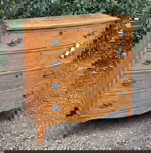 NE Federal Swell Front Cherry Chest: with four graduated drawers, shaped French feet. 35" high, 37.5" wide, 19.5" deep. Age and use wear, fading, missing beading right side, some mars to top.