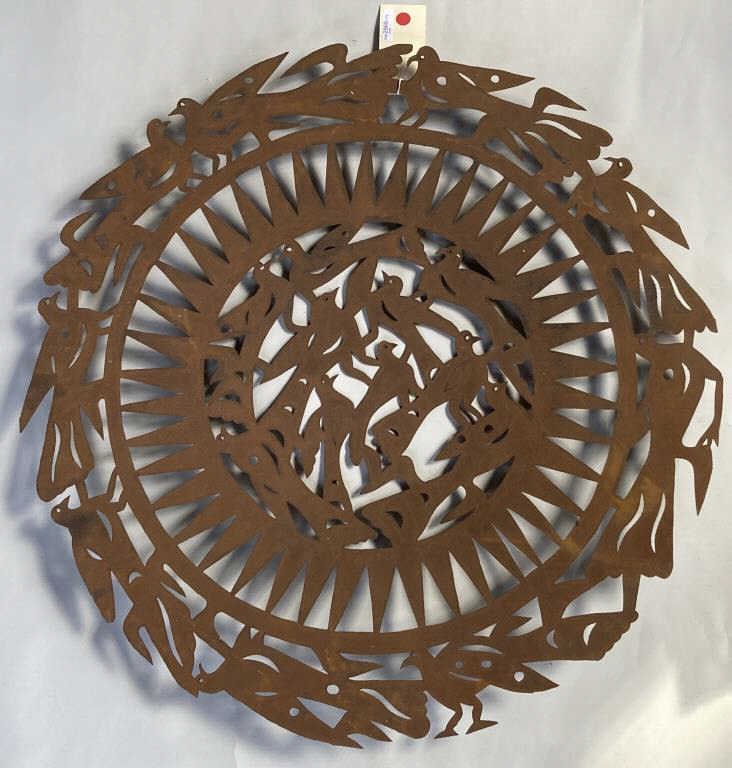 Haitian Folk Art Pierce Cut Sheet Iron Medallion: large cutout with bird motif border encircling a central field of birds. 34" diameter. Oxidation, rust.