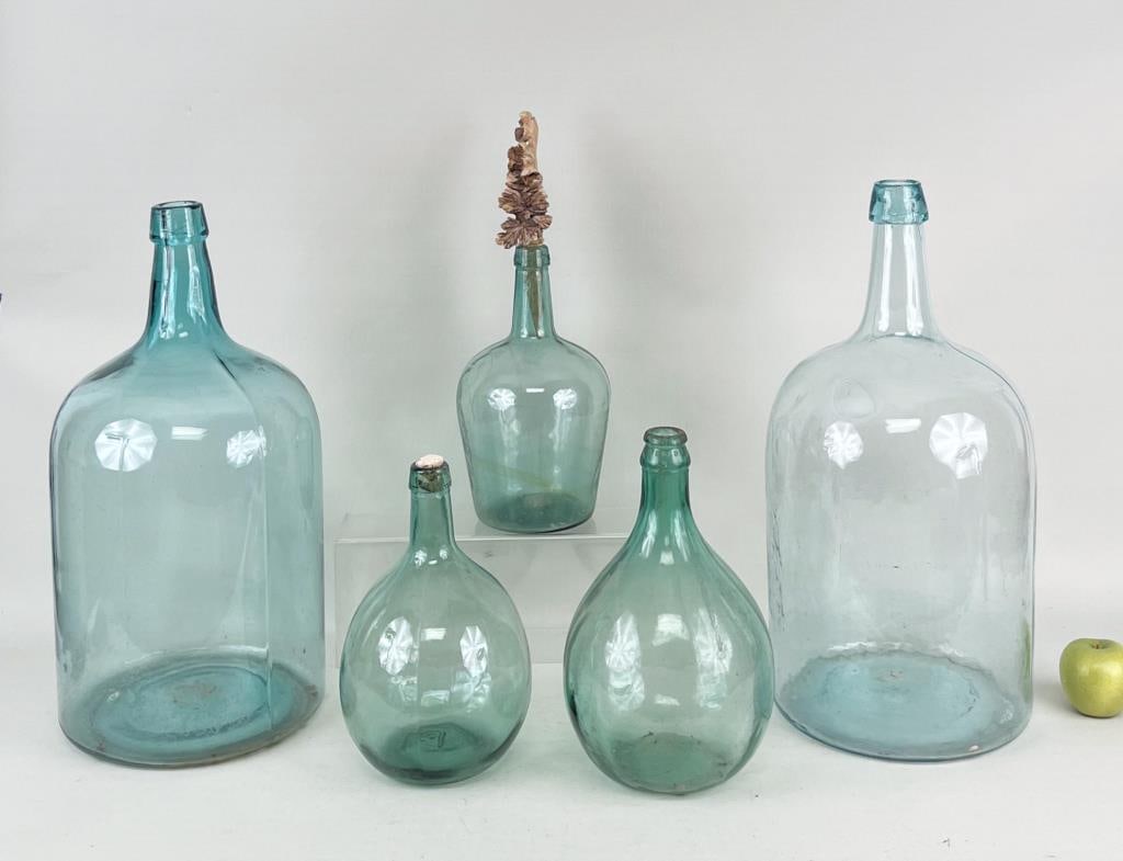 Group Five Green Glass Demijohn Style Bottles (1 of 4)