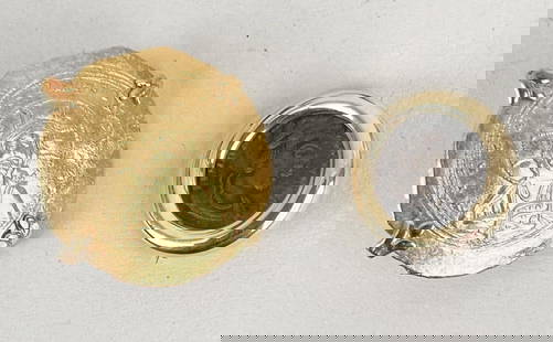 Two Ancient Gold Set Coins: one Byzantine set as an earring in 18k gold, the other bronze coin set in 18k gold. Larger: 1" diameter. Gross weight: 10.5 DWT. *No credit card payments will be accepted for silver, gold, or jewelry