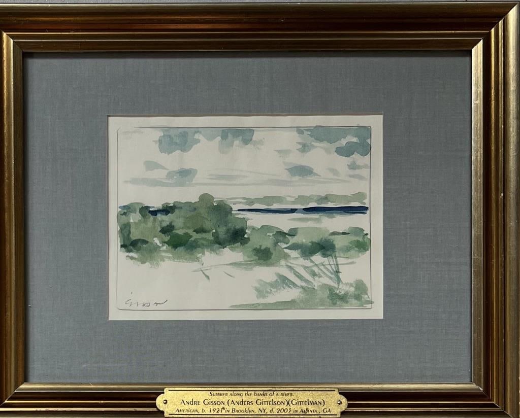 Gittelson, W/C Riverbank: Andre Gittelson aka Gittelman aka Gisson (Am. 1921-2003) signed lower left. Frame size: 10 3/4" high, 13 3/4" wide.