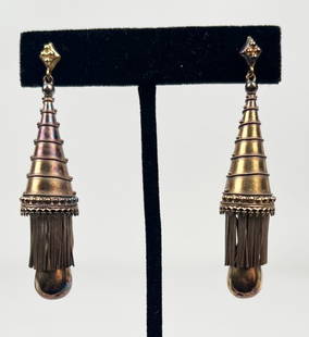 Pair Circa 1880 Etruscan Revival 14K Gold Earrings: in trumpet and amphora shape, trumpets swirled with twisted wire, granulation and fringe, purchased James Robinson Inc, NY, NY. 2 1/2" long. Weight: 6.4 DWT. *No credit card payments will be accepted