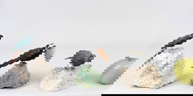 Three Mineral Specimen Birds: Largest: 6" high, 3" deep, 4" wide.