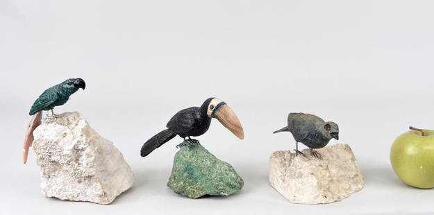 Three Mineral Specimen Birds: Largest: 6" high, 3" deep, 4" wide.