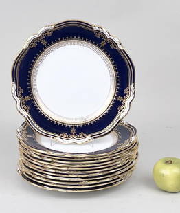 Twelve Spode Blue & Gold Plates: in the Lancaster pattern. 10 3/4" diameter.